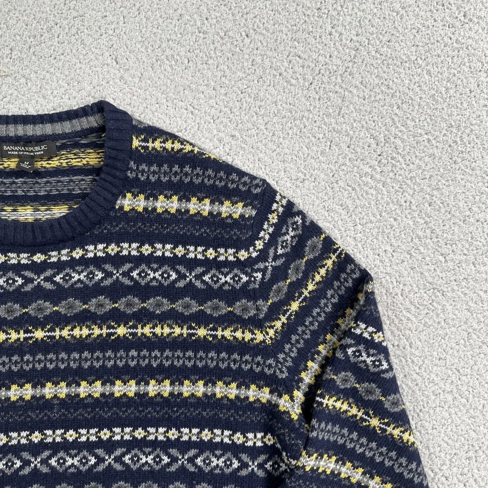 Banana Republic Sweater Men Medium Blue Fair Isle Striped Italian Yarn Wool